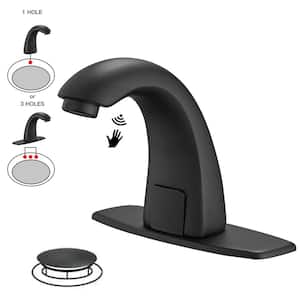DC Powered Commercial Touchless Single Hole Bathroom Faucet with Deck Plate and Pop Up Drain in Matte Black