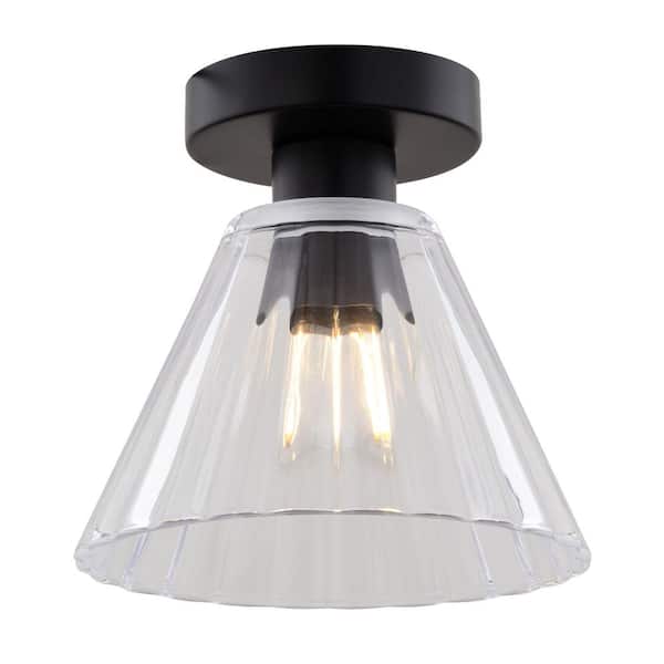 Dalton 8 in. 1-Light Matte Black Transitional Cone Flush Mount Lighting Fixture with Clear Ribbed Glass Shade