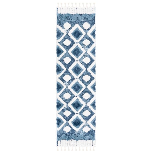 Moroccan Tassel Shag 2 ft. x 8 ft. Blue/Ivory High-Low Zig-Zag Diamond Runner Rug