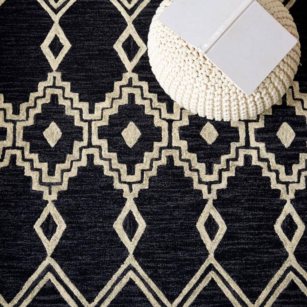 Handmade Tufted Abstract Black Wool Runner Rug 27in x 7in