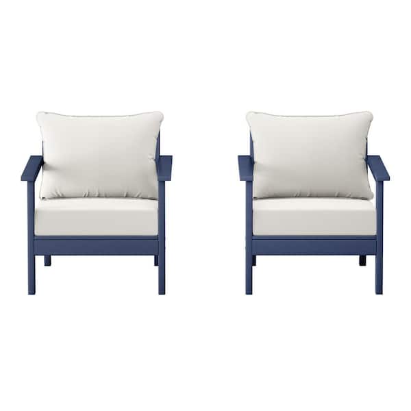 Birchwood Navy Blue Outdoor Patio (Set of 2) Deep Seating HDPE Lounge Chairs w/ White Cushions