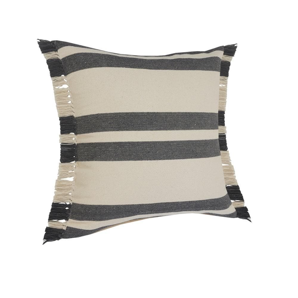 Gray and White 20" Square Striped Fringe Throw Pillow