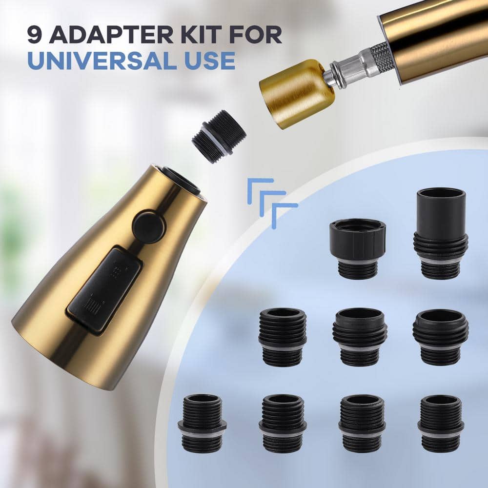 Gold 3-Function Kitchen Faucet Spray Head with 9 Adapters