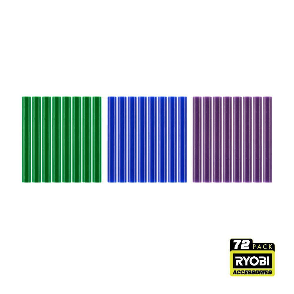 RYOBI 72PC Full Size Color Glue Sticks (Green, Blue, Purple)