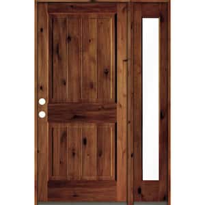 50 in. x 80 in. Knotty Alder Square Top Right-Hand/Inswing Clear Glass Red Chestnut Stain Wood Prehung Front Door w/RFSL