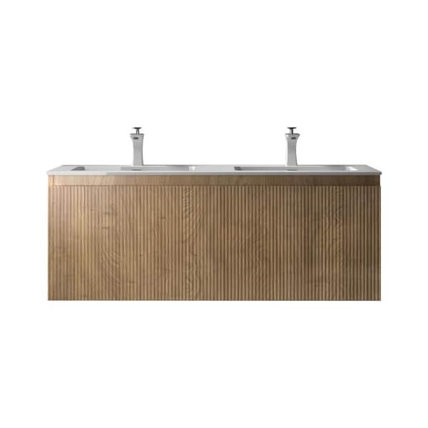 Liner 48 in. Double Yellow Oak Bath Vanity Wall-mounted Floating Vanities with Gloss White Resin Stone Top 2 Drawers
