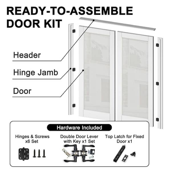 48 in. x 80 in. 1 Lite Frosted Glass Solid Core Primed White Double Prehung French Door with Quick Assemble Jamb