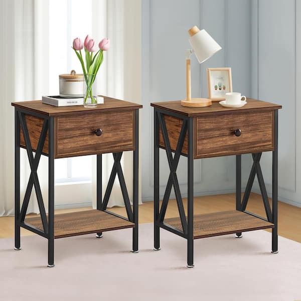 VECELO Nightstands X-Design Side End Table Night Stand Storage Shelf with Drawer 11.8Wx 15.8L x 21.7H Retro Brown，2 PCS