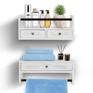 12 in. W x 4.9 in. D x 5.3 in. H White Wall Mount Bathroom Set of 2 Shelves with Drawer and Towel Rack