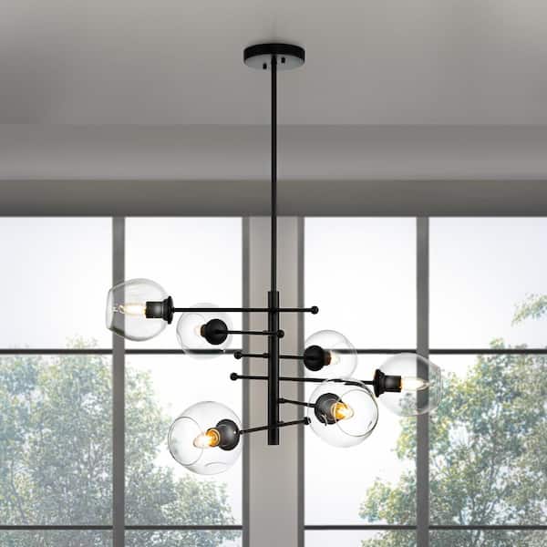 ALOA DECOR 6-Light Modern Black Linear Sputnik Chandelier Pendant with Hand blown Glass Shade