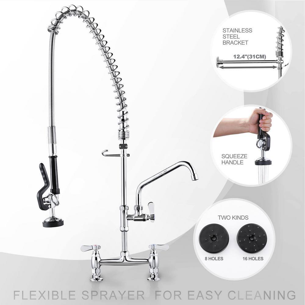 Commercial Chrome Triple Handle Pull Down Kitchen Faucet with Pre-Rinse Sprayer