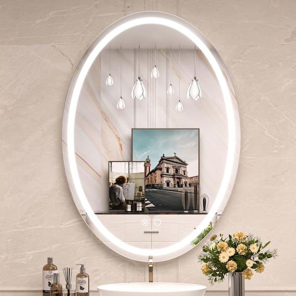 KeonJinn 24 in. W x 36 in. H Large Oval Frameless Anti-Fog Bright Dimmable LED Wall Bathroom Vanity Mirror Hotel Spa CRI90 plus