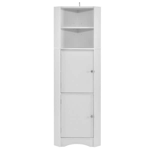 15 in. W x 15 in. D x 61 in. H White Triangle Corner Linen Cabinet with Adjustable Shelves and Doors