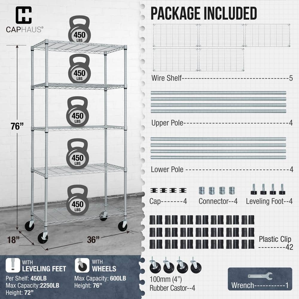 Heavy Duty Silver Grey 5-Tier Metal Shelving Unit with Wheels