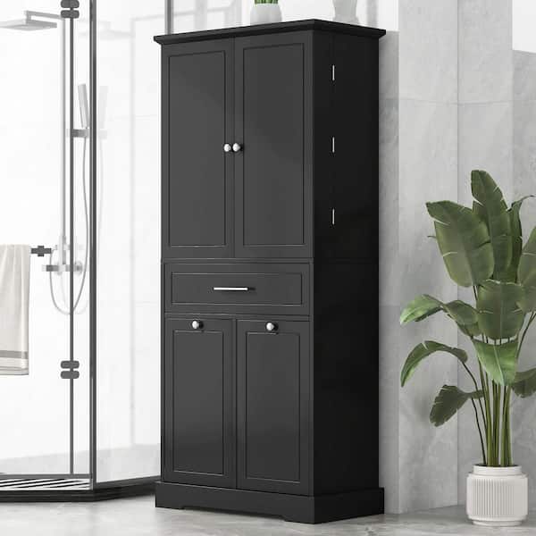 BAYA 31 in. W x 16 in. D x 73 in. H Black Bathroom Freestanding Linen Cabinet with Adjustable Shelves, Laundry Hamper