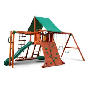 Sun Valley II Wooden Outdoor Playset with Tarp Roof, Monkey Bars, Tire Swing, Rock Wall, and Swing Set Accessories