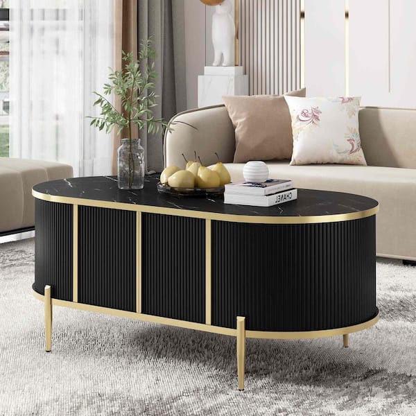 Polibi 47.2 in. Black Oval MDF Coffee Table with 2 Cabinets