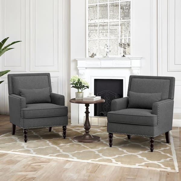 LUE BONA 35 in. Carbon Gray Fabric Accent Chair Nailheads Trim Upholstered Armchair with Removable Cushion (Set of 2)