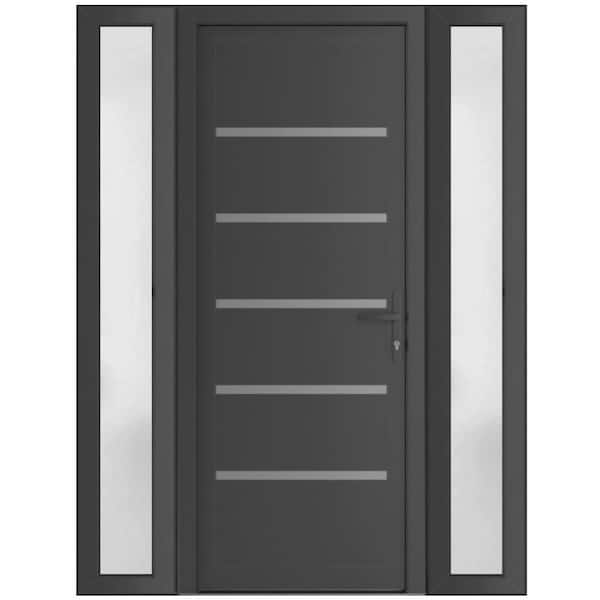 58 in. x 80 in. Left-hand/Inswing Frosted Glass Antracite Grey Steel Prehung Front Door with Hardware