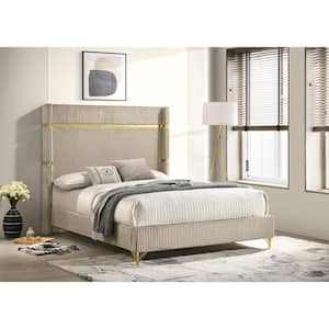 Lucia Beige Upholstered Wood Frame Queen Wingback Panel Bed
