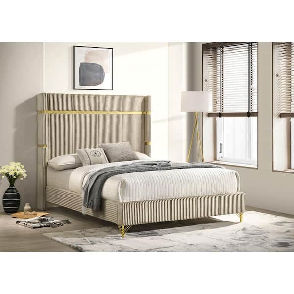 Lucia Beige Upholstered Wood Frame Queen Wingback Panel Bed