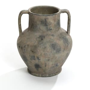 12.1 in. Rustic Mottled Brown Terracotta Urn Vase with Handles