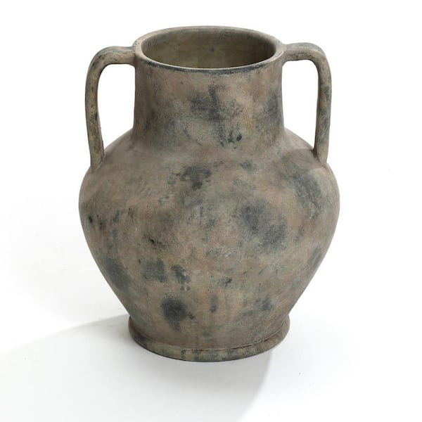 LuxenHome 12.1 in. Rustic Mottled Brown Terracotta Urn Vase with Handles