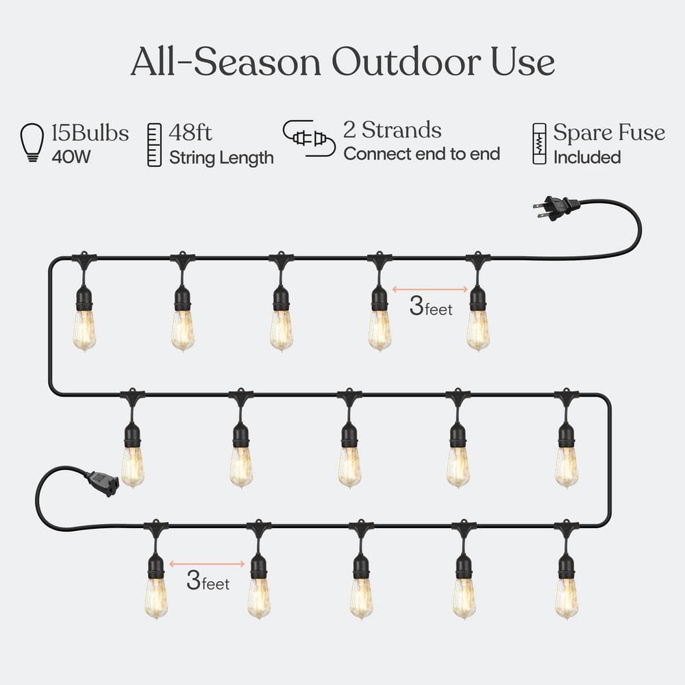 Brightech 48ft Black Outdoor Incandescent Globe String Lights