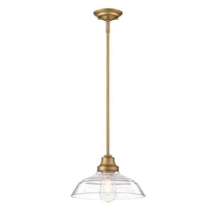 Iron Hill 1-Light Brushed Brass Shaded Pendant with Clear Seeded Glass