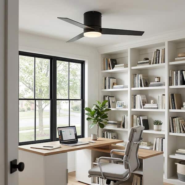 48 in. Indoor Integrated LED Matte Black Flush Mount Ceiling Fan with Light and Remote Control