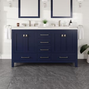 Aberdeen 60 in. Double Sink Blue Bath Vanity with White Carrara Quartz Top (Assembled)