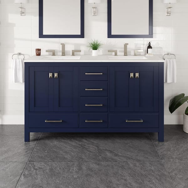 Aberdeen 60 in. Double Sink Blue Bath Vanity with White Carrara Quartz Top (Assembled)