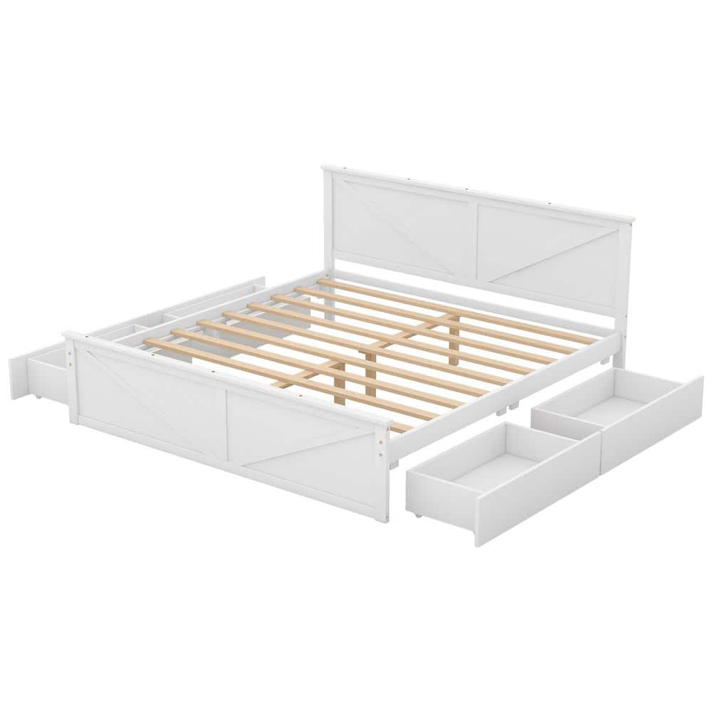 Qualler White Wood Frame King Size Platform Bed with 4 Drawers ...