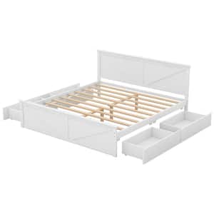 White Wood Frame King Size Platform Bed with 4 Drawers