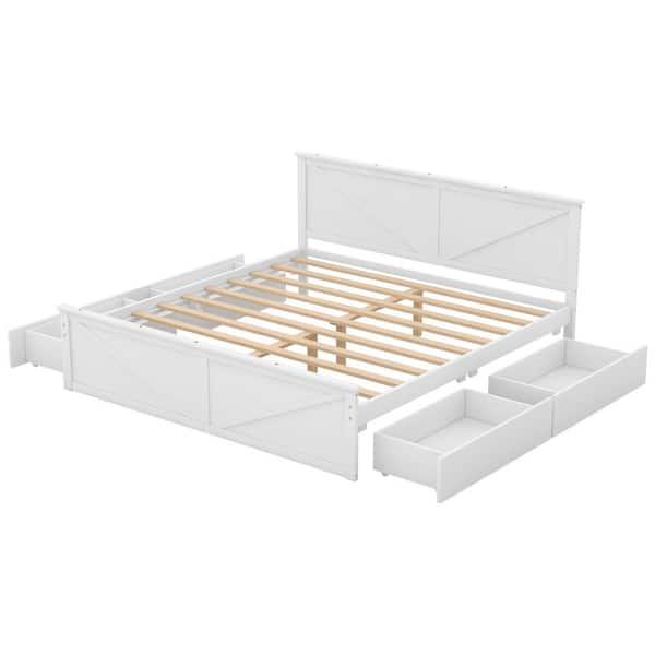 Qualler White Wood Frame King Size Platform Bed with 4 Drawers