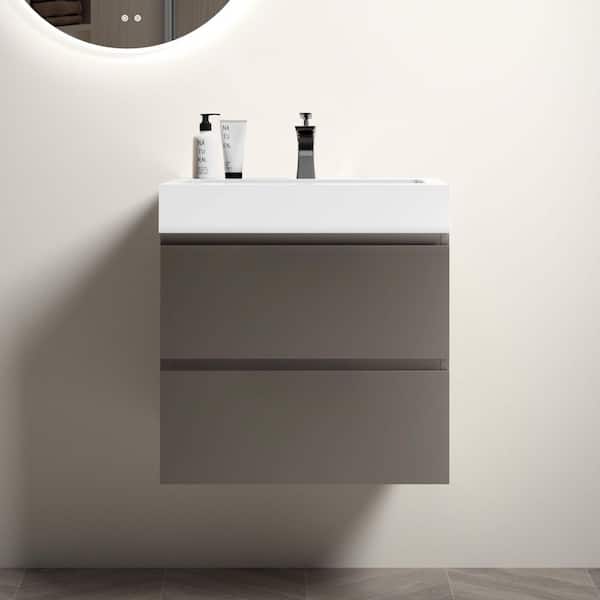 Ziyudura 24 in. Single Sink Floating Gray Bath Vanity with White Ceramic Top (Assembled), DTC Soft-closing Drawers