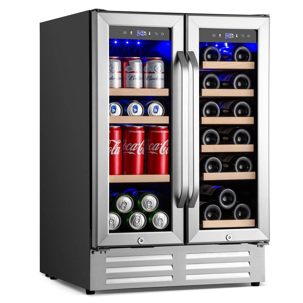 34.2 in. Dual Zone Stainless Steel Beverage and Wine Cooler in Wood Red  with 2 Door, 7 Level Thermostat Removable Shelve Q-14-3 - The Home Depot