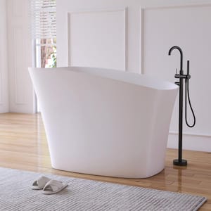 51 in. x 29 in. Stone Resin Solid Surface Flatbottom Freestanding Japanese Soaking Bathtub in White with Seat