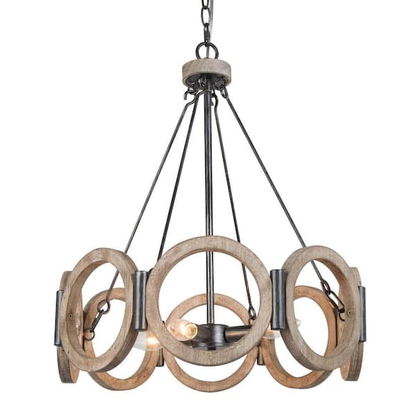 LOUGHEED DECOR INC 4-Light Rustic Farmhouse Wood Drum Chandelier Lighting Fixture