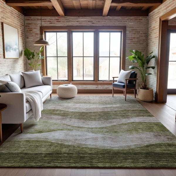 Mayfield Premium Machine Washable Abstract AMF1141 Green 9 ft. x 12 ft. Area Rug