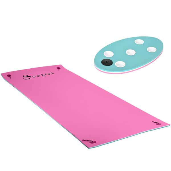 Huluwat Pink 12 ft. x 5 ft. 3-Layer Portable Roll-Up Floating Mat with Cup Holder Table for 2-3 People