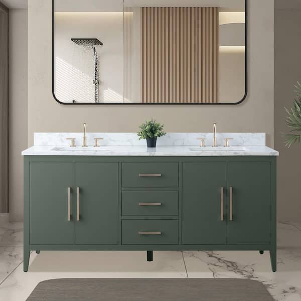 72 in. W x 22 in. D x 34 in. H Double Sink Bathroom Vanity Cabinet in Vintage Green with Engineered Marble Top