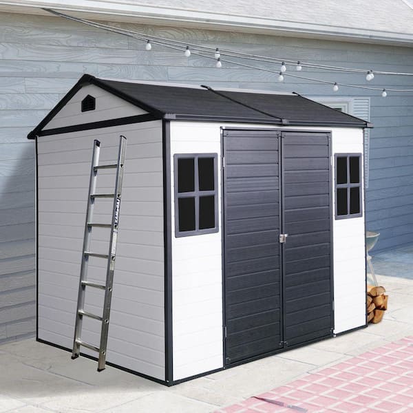 Gray and White 8 ft. W x 6 ft. Resin Outdoor Waterproof Storage Shed with Floor, Windows, Lockable Doors (48 sq. ft.)