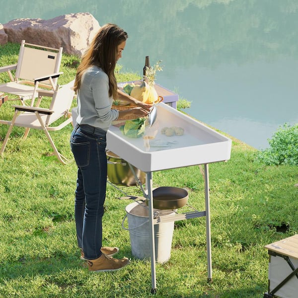 Outsunny 40.6 in. White Rectangle Steel Picnic Tables, Folding Ice