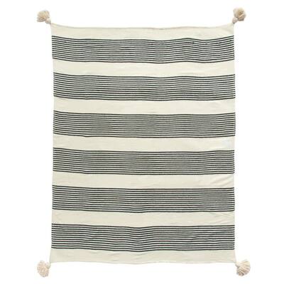 Cream Cotton and Chenille Woven Throw with Black Stripes and Tassels