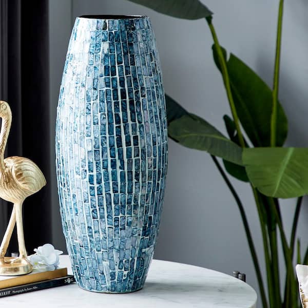 Litton Lane 19 in. Blue Handmade Mosaic Inspired Mother of Pearl Shell Decorative Vase