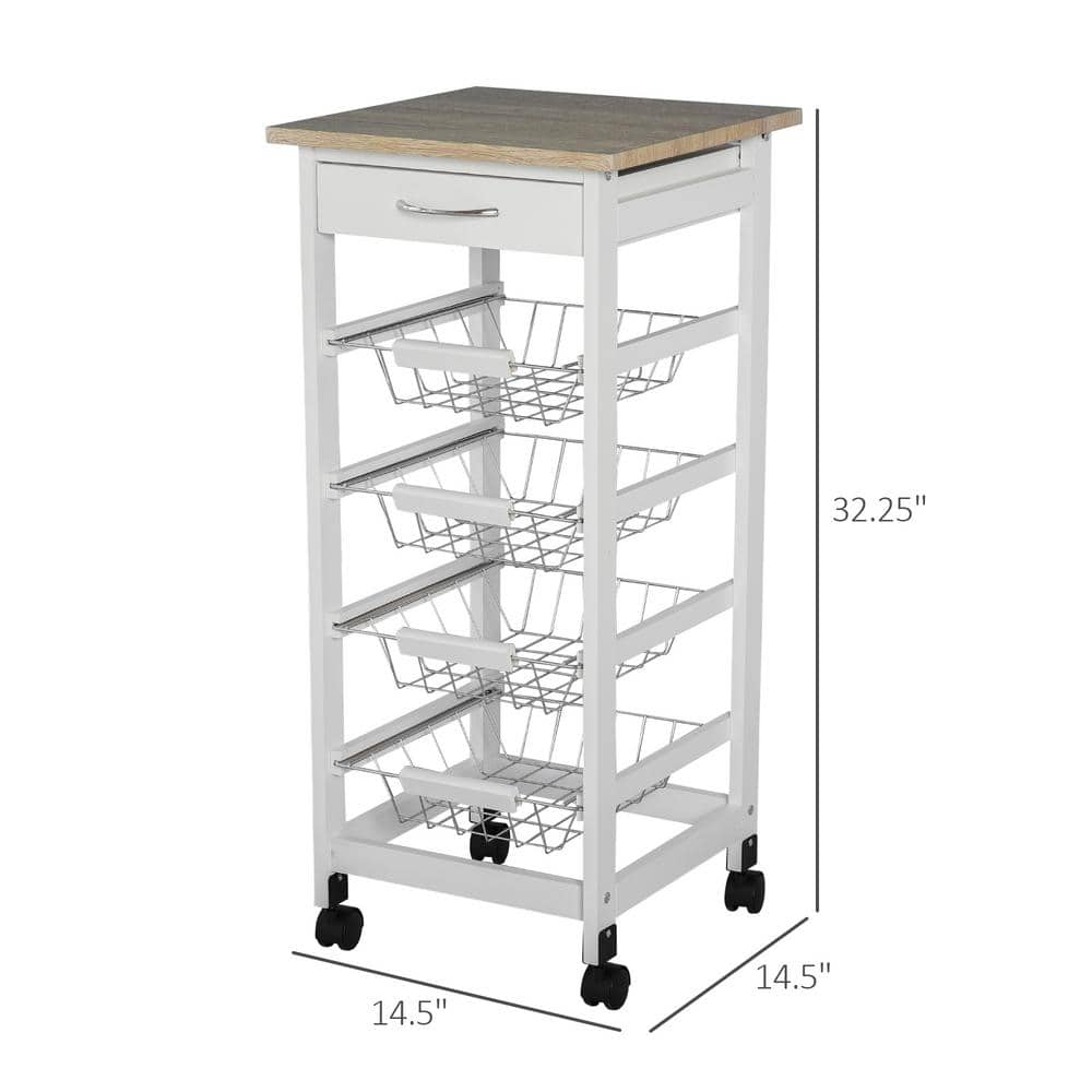 White Wood Kitchen Cart with Storage and Spice Rack