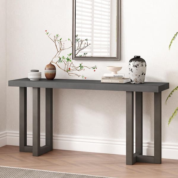 63 in. Gray Rectangle Pine Wood Console Table with Solid Pine Legs