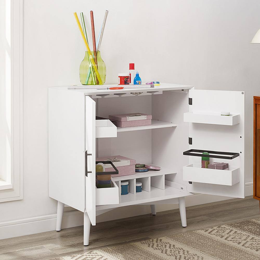 Landon Mid-Century White Bar Cabinet with Antique Brass Handles
