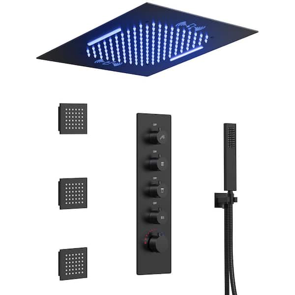 5-Spray 20 in. Dual Shower Heads Ceiling Mount Fixed and Handheld Shower Head with Music 3 Body Jets in Matte Black